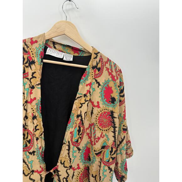 Passports VTG Brown Printed Cardigan Kimono Rayon Artsy Unique Loop Closure OS - Picture 6 of 7